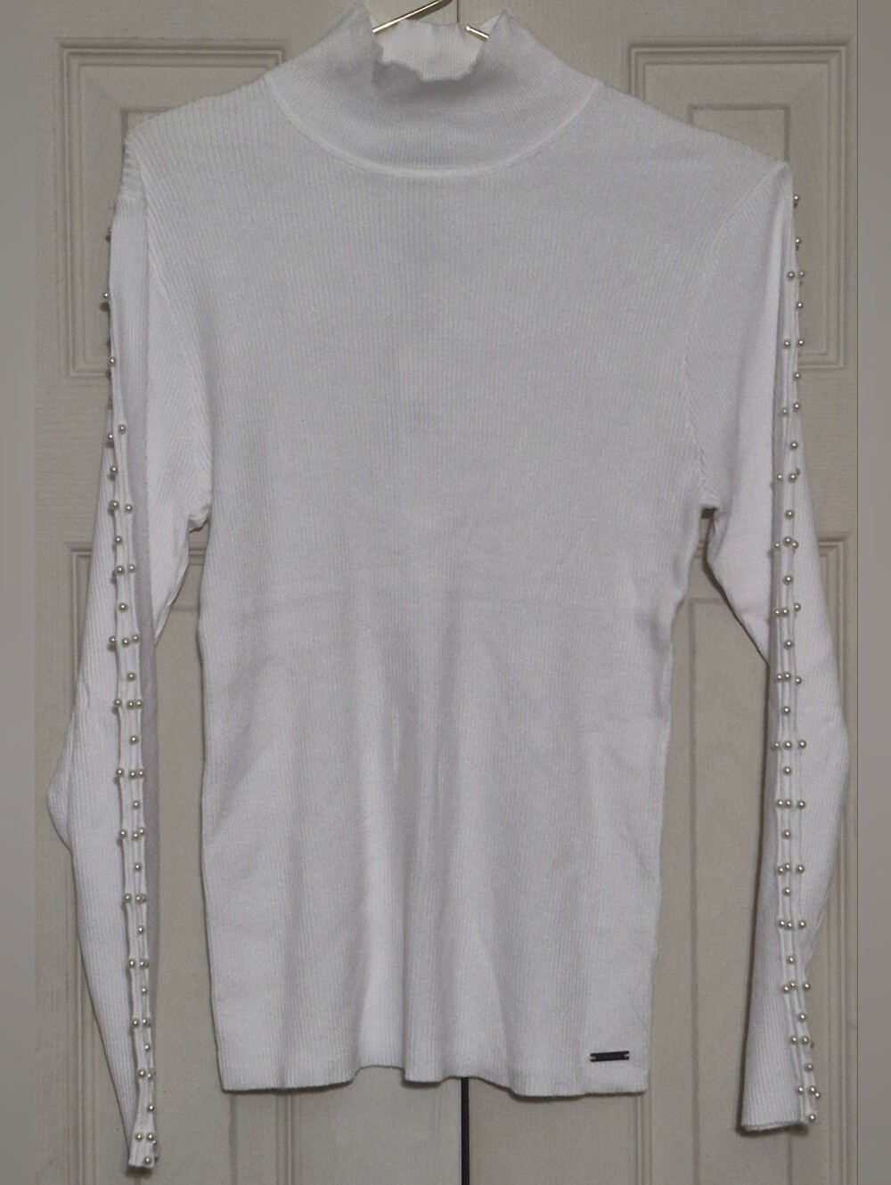 Tahari White Pearl-Trim Turtleneck Sweater